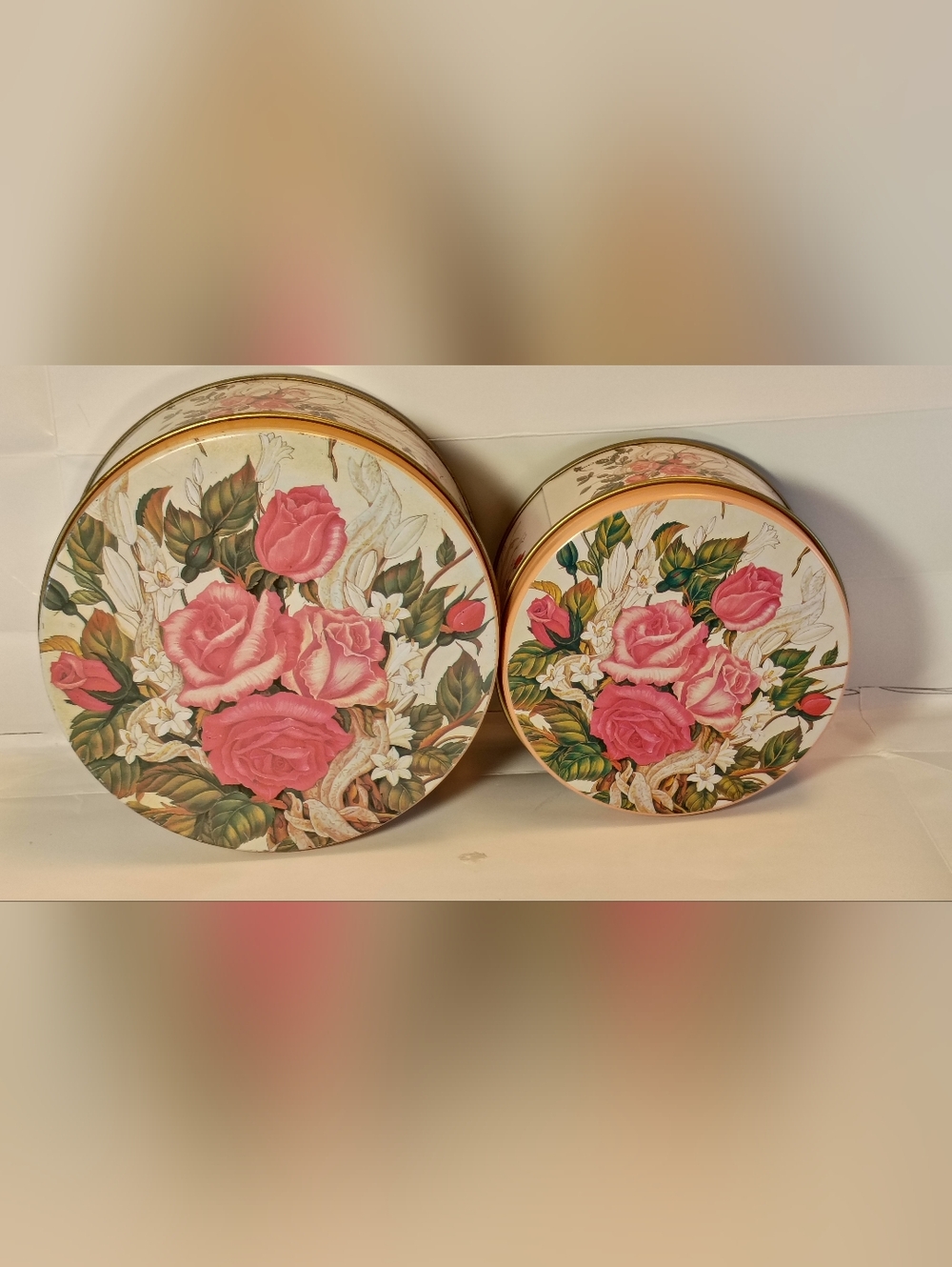 Vintage Floral Metal Tins Set of 2 Round Rose Design Nesting Storage Containers